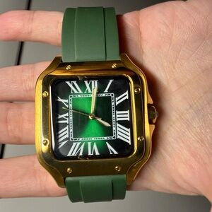 Santos Homage Gold & Green Men’s Watch Seiko Mod NH35 mimics Cartier Santos